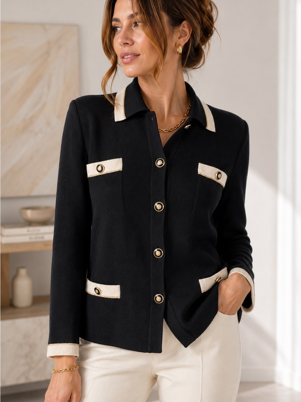 St. John Collection Santana Knit Black Gold Metallic Trim Cardigan Jacket 8